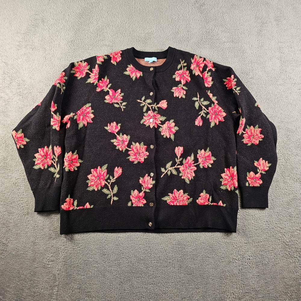 Draper James RSVP Black Floral Cardigan Sweater Pink Gold Buttons 1X